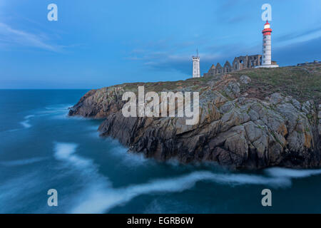 Pointe de St-Mathieu lighthouse with military tower and abbey, Brittany, France, Europe Stock Photo