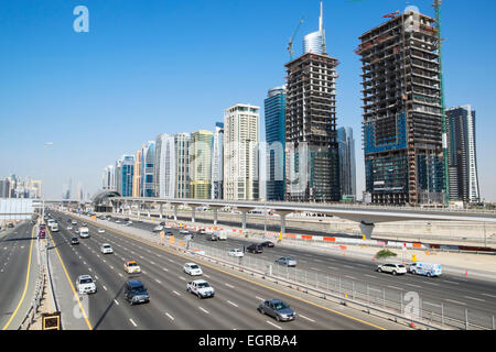 Skyline of Jumeirah Lakes Towers (JLT) and Sheikh Zayed Road in Dubai United Arab Emirates Stock Photo