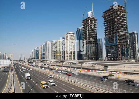 Skyline of Jumeirah Lakes Towers (JLT) and Sheikh Zayed Road in Dubai United Arab Emirates Stock Photo