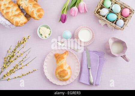 Easter breakfast scene shot from above Stock Photo