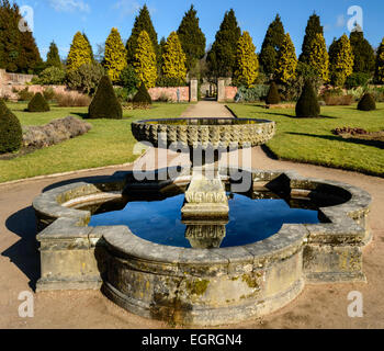 A fountain in the Rose Gardens at Newstead Abbey, Nottinghamshire, England. On 1st March 2015. Stock Photo
