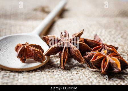Star anise, wooden spoon Stock Photo