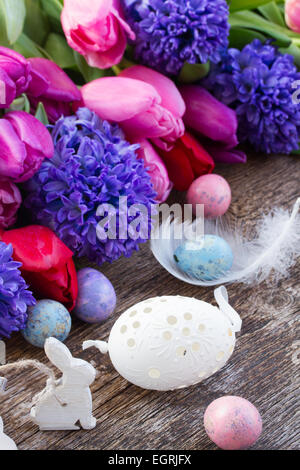 easter eggs with tulips and hyacinth Stock Photo