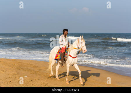 Local man riding a white horse by the sea edge on Marina Beach, Chennai, Tamil Nadu, south India Stock Photo