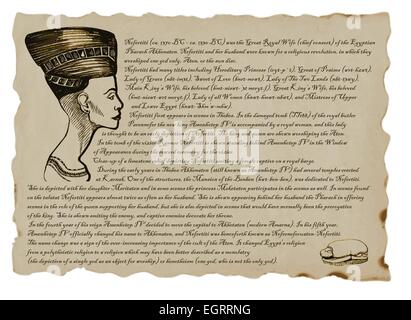 An hand drawn illustration with a description of Nefertiti Queen of egypt Stock Vector