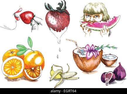 summer fruits collection - an hand drawing and painting illustrations, pack Stock Vector