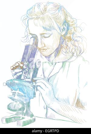 An hand drawn illustration: Young woman with microscope Stock Vector