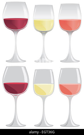 Glasses of red, white and rose wine in a row, illustration - Stock Image -  C039/6153 - Science Photo Library