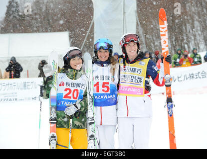 Tazawako, Akita, Japan. 1st Mar, 2015. (L-R) Satsuki Ito (JPN), Morgan Schild, Hannah Kearney (USA) Freestyle Skiing : Morgan Schild of the United States poses with second placed Satsuki Ito of Japan and third placed Hannah Kearney of the United States after winning the FIS Freestyle Ski World Cup Women's Dual Moguls in Tazawako, Akita, Japan . © Hiroyuki Sato/AFLO/Alamy Live News Stock Photo