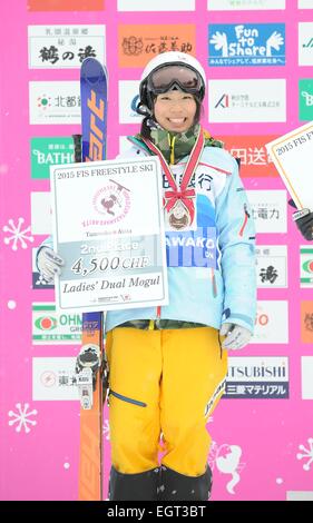 Tazawako, Akita, Japan. 1st Mar, 2015. Satsuki Ito (JPN) Freestyle Skiing : Second placed Satsuki Ito of Japan poses on the podium with her silver medal after the FIS Freestyle Ski World Cup Women's Dual Moguls in Tazawako, Akita, Japan . © Hiroyuki Sato/AFLO/Alamy Live News Stock Photo