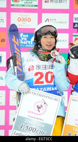 Tazawako, Akita, Japan. 1st Mar, 2015. Satsuki Ito (JPN) Freestyle Skiing : Second placed Satsuki Ito of Japan poses on the podium with her silver medal after the FIS Freestyle Ski World Cup Women's Dual Moguls in Tazawako, Akita, Japan . © Hiroyuki Sato/AFLO/Alamy Live News Stock Photo