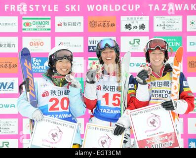 Tazawako, Akita, Japan. 1st Mar, 2015. (L-R) Satsuki Ito (JPN), Morgan Schild, Hannah Kearney (USA) Freestyle Skiing : Second placed Satsuki Ito of Japan, winner Morgan Schild of the United States and third placed Hannah Kearney of the United States celebrate on the podium with their medals after the FIS Freestyle Ski World Cup Women's Dual Moguls in Tazawako, Akita, Japan . © Hiroyuki Sato/AFLO/Alamy Live News Stock Photo