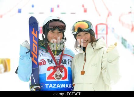 Tazawako, Akita, Japan. 1st Mar, 2015. (L-R) Satsuki Ito (JPN), Aiko Uemura Freestyle Skiing : Second placed Satsuki Ito of Japan poses with Aiko Uemura after the FIS Freestyle Ski World Cup Women's Dual Moguls in Tazawako, Akita, Japan . © Hiroyuki Sato/AFLO/Alamy Live News Stock Photo