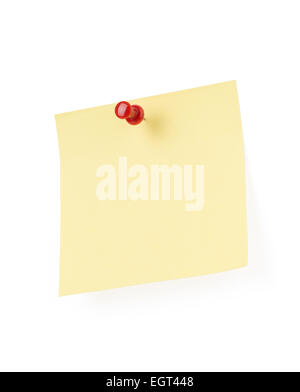 Yellow note paper pinned on white background Stock Photo