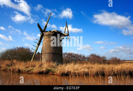 A view of the derelict Brograve Drainage Mill on the Norfolk Broads near Horsey, Norfolk, England, United Kingdom. Stock Photo