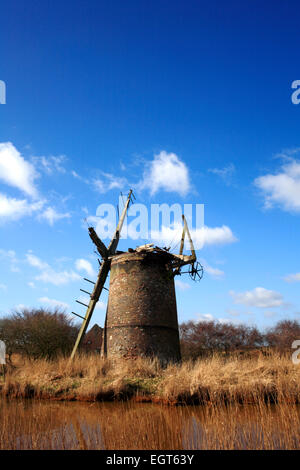 A view of the derelict Brograve Drainage Mill on the Norfolk Broads near Horsey, Norfolk, England, United Kingdom. Stock Photo