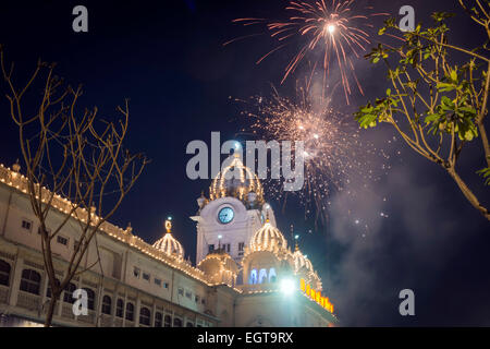 Fireworks exploding over The Golden Temple, Amritsar, Punjab, India Stock Photo