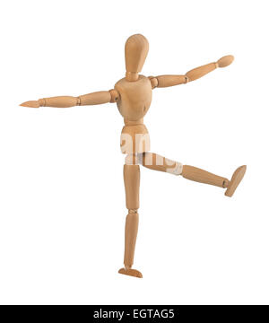 Wooden dummy in the balance on white background Stock Photo