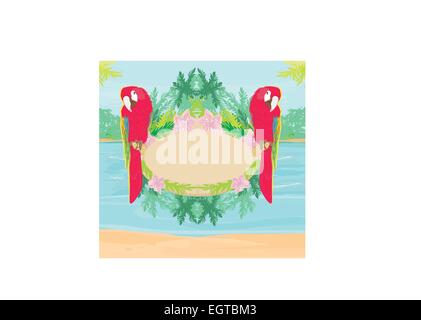 Colourful parrot bird sitting on the perch - abstract tropical frame Stock Vector