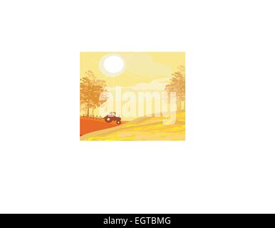 Tractor plowing field in autumn Stock Vector