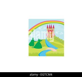Magic castle and princess with prince Stock Vector