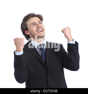 Euphoric successful businessman raising arms isolated on a white background Stock Photo