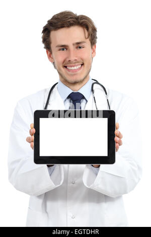 Happy doctor man showing a blank tablet screen software on a white background Stock Photo