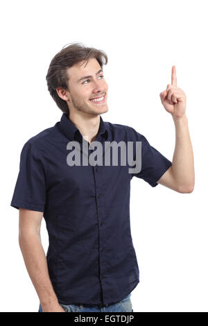 Presenter man pointing up and looking at side isolated on a white background Stock Photo