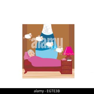 old lady counting sheep to fall asleep Stock Vector