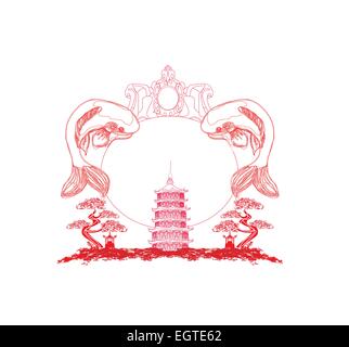 japanese koi and ancient building - abstract frame Stock Vector