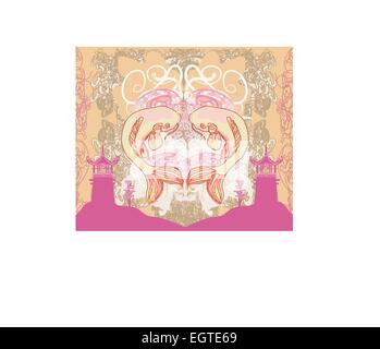 japanese koi and ancient building - abstract frame Stock Vector