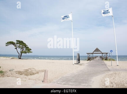 AHUS, SOUTH SWEDEN - JUNE 28, 2014: Ahus beach with flags and pier on June 28, 2014 in Ahus, South Sweden. Stock Photo