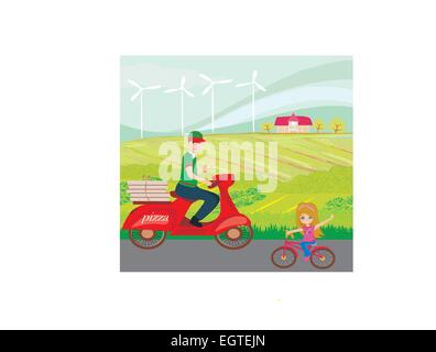 pizza delivery man on a motorcycle and sweet little girl on bike Stock Vector