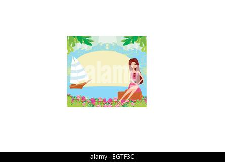 beautiful girl on a tropical vacation Stock Vector