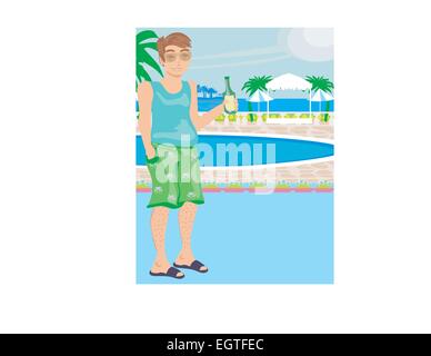 tourist drinking beer by the pool Stock Vector