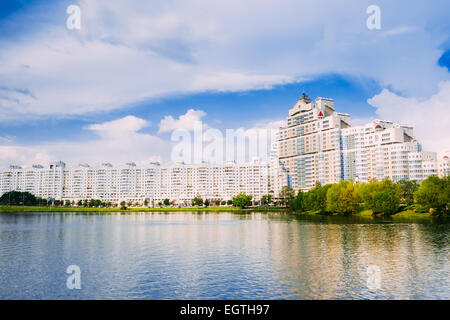 Building In Old Part Minsk, Downtown Nyamiha, Nemiga View With Svisloch River, Belarus Stock Photo