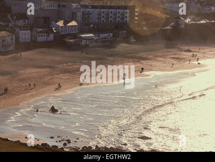 Porthmeor Beach and Atlantic ocean at dusk St Ives Cornwall England Europe Stock Photo