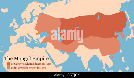 Genghis Khan's Mongol Empire in 1227 and at its greatest extent in 1279 ...