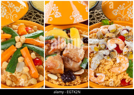 Tajine collage with three types of preparation, meat, fish and vegetables. Stock Photo