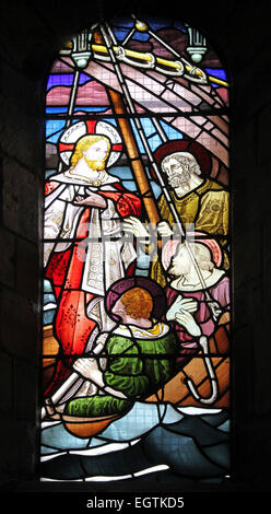 Stained Glass Window Depicting Christ Calming The Tempest At Sea Stock Photo