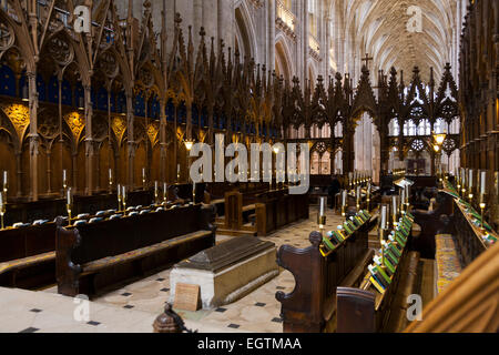 The quire / choir of Winchester Cathedral, with beautiful oak / wooden choir stalls / stall. Hampshire. UK. Stock Photo