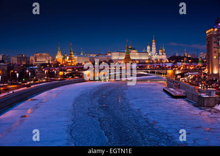 Moscow River and Kremlin in winter, night view Stock Photo