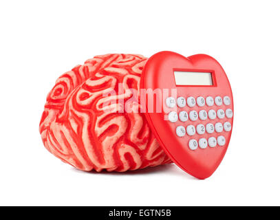 Human rubber brain with calculator heart shaped on white background. Stock Photo