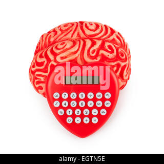 Human rubber brain with calculator heart shaped on white background. Stock Photo
