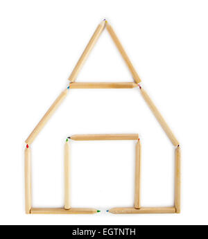 House made of wooden pencils on white background. Stock Photo