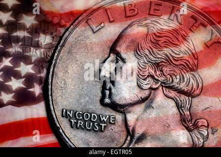 Close-up detail on a United States quarter dollar coin - In God we Trust - Liberty. Stock Photo
