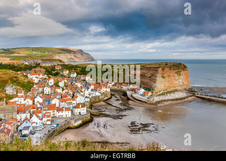 A view over the traditional fishing village of Staithes, North Yorkshire, England, United Kingdom, Europe. Stock Photo