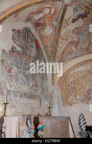 12th Century paintings show the Deposition and Entombment of Christ on ceiling of Holy Sepulchre Chapel, Winchester Cathedral UK Stock Photo