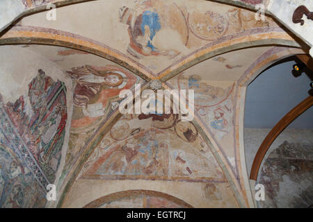 12th Century paintings show the Deposition and Entombment of Christ on ceiling of Holy Sepulchre Chapel, Winchester Cathedral UK Stock Photo
