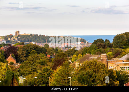 View towards The Ruin of Scarborough Castle over The Town at Scarborough, North Yorkshire, England, United Kingdom, Europe. Stock Photo